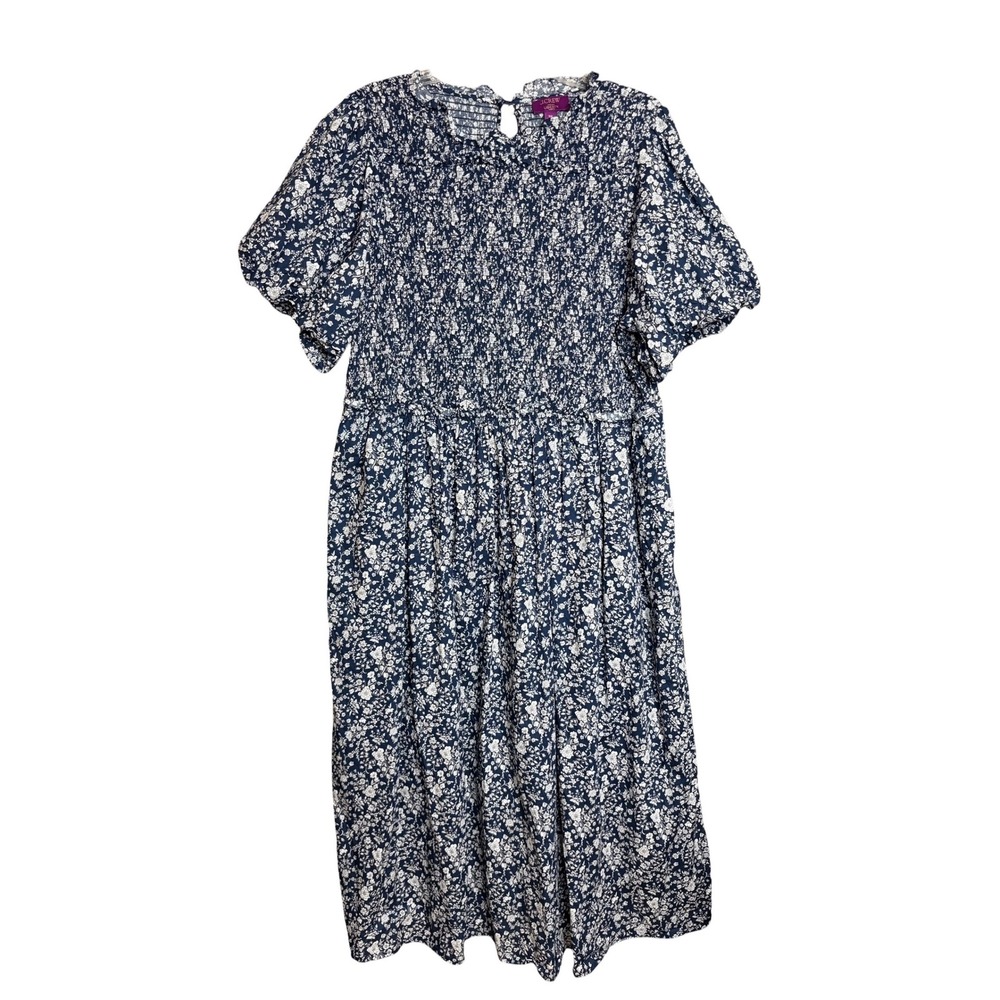 J Crew Liberty Fabric Smocked Puff Sleeve Dress Navy Summer Bloom Floral Midi 3X